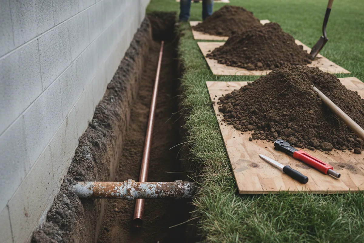 Excavated water line trench during Water Softener Installation in New Salem